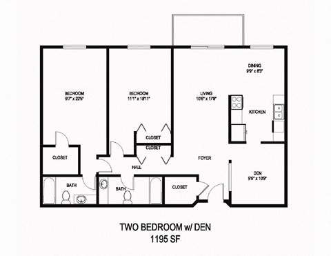 Floor plan for 2 beds, 2 baths, 1195 sqft
